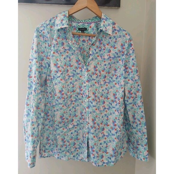 Talbots 100% Cotton Button Front Shirt Size Medium Teal Lovely Ditsy Floral Work - Picture 1 of 11